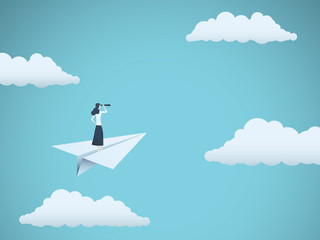 Business vision or visionary vector concept with businesswoman on paper plane with telescope. Symbol of woman leader, succes, ambition, leadership, future.
