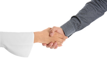 People shaking hands on white background