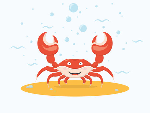 Red Crab on The Seabed. Background With Cartoon Sea Creature, Waves and Bulbs.