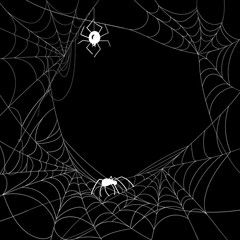 Black halloween background with white spiderweb and spiders.
