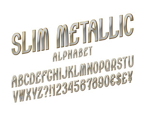 Slim metallic alphabet witn numbers, dollar and euro currency signs, exclamation and question marks.