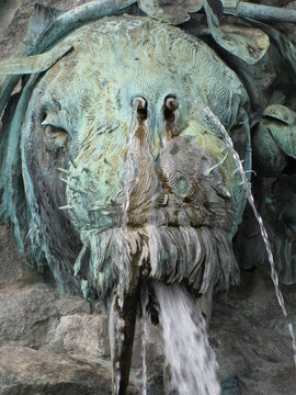 Der Ausschnitt aus dem Zentaurenbrunnen in F&uuml;rth zeigt ein wasserspeiendes Walross.