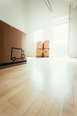 Neue, helle Wohnung mit Umzugskartons, viel Sonnenlicht und Holzboden