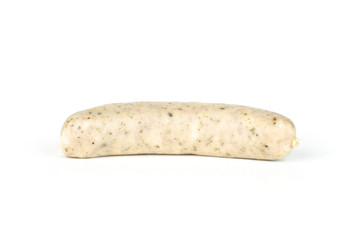 One whole bavarian white sausage side view isolated on white