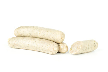 Group of three whole one half of bavarian white sausage isolated on white