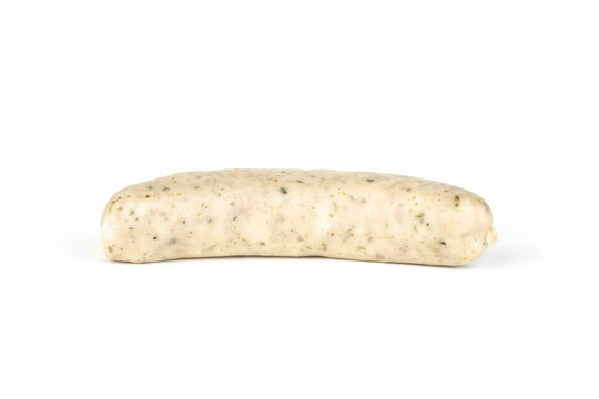 One whole bavarian white sausage side view isolated on white