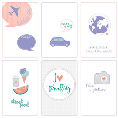 Set of travel illustrations. Cards with travel symbols. Travel by car, by air, by bicycle. Travel around the World. Street food. Flat style vector illustration.  Marketing, tourism, scrapbooking.