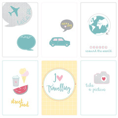 Fototapeta na wymiar Set of travel illustrations. Cards with travel symbols. Travel by car, by air, by bicycle. Travel around the World. Street food. Flat style vector illustration. Marketing, tourism, scrapbooking.