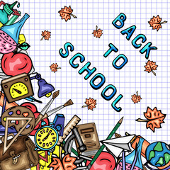 Vector pattern retro drawing of different school objects. Theme back to school. Can be used for the background of a web page, fills drawings, wallpapers, surface textures.