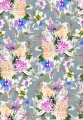 Seamless summer pattern with watercolor flowers handmade.