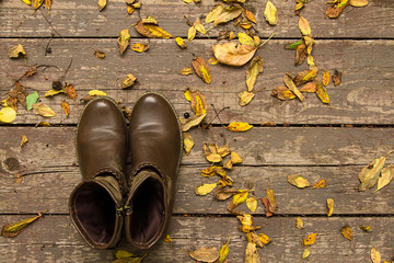 demi-season shoes on autumn wooden vintage background