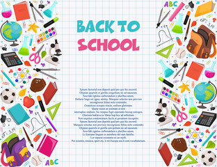 Hand drawn school objects in vertical composition. Vector illustration of school accessories ihand drawn on notepad sheet. Back to school poster on notepad squared sheet.