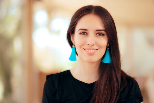 Elegant Smiling Girl Wearing Blue Tassel Fringe Earrings