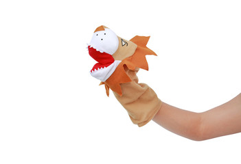 Hand wearing Lion puppets with copy space isolated on black background, Lion head.