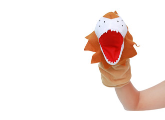 Hand wearing Lion puppets with copy space isolated on white background, Lion head.