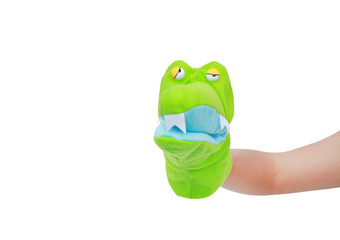 Hand wearing Crocodile puppets with copy space isolated on white background, Crocodile head.