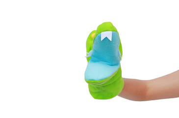 Hand wearing Crocodile puppets with copy space isolated on white background, Crocodile head.