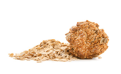Delicious oatmeal cookie on white background