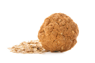 Delicious oatmeal cookie on white background