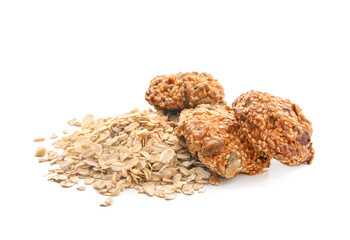 Delicious oatmeal cookies on white background