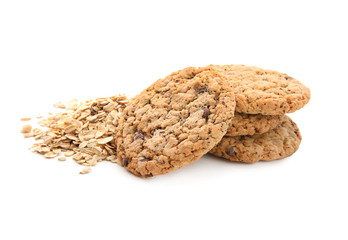 Delicious oatmeal cookies on white background