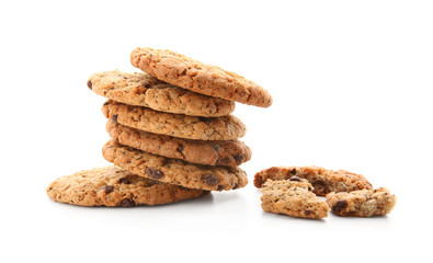 Delicious oatmeal cookies on white background