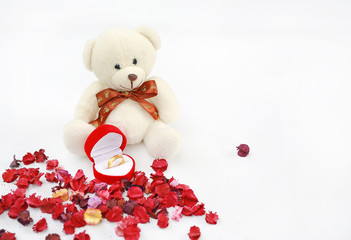 Golden wedding rings and red box at toy bears paws against dried flower background.