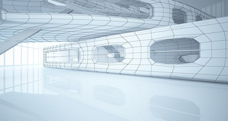 Abstract drawing white interior multilevel public space with window. 3D illustration and rendering.