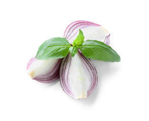 Fresh onion with basil on white background