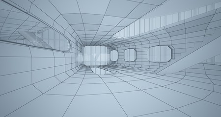 Abstract drawing white interior multilevel public space with window. 3D illustration and rendering.