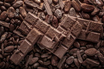 Tasty milk chocolate, coffee beans and cocoa products, top view