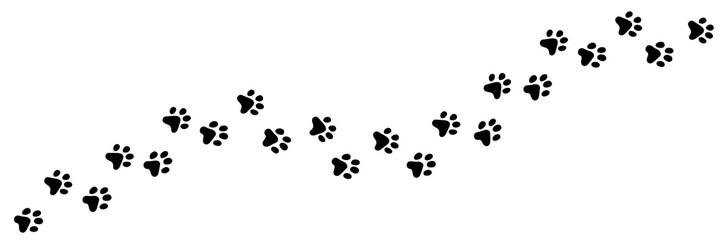 Paw vector foot trail print of cat. Dog, puppy silhouette animal diagonal tracks for t-shirts, backgrounds, patterns, websites, showcases design, greeting cards, child prints and etc. - obrazy, fototapety, plakaty