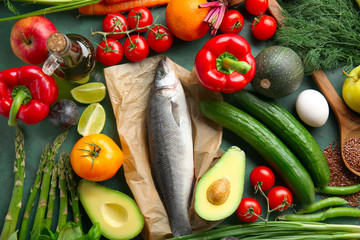 Various healthy products on color background