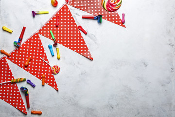 Fototapeta premium Items for birthday party on light background