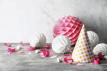 Birthday party items on table