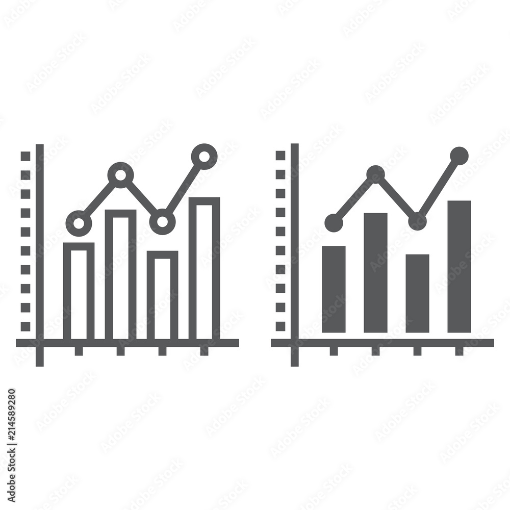Poster bar graph line and glyph icon, growth and chart, histogram sign, vector graphics, a linear pattern o