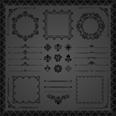 Vintage set of vector horizontal, square and round elements. Black elements for design, frames, cards, menus, backgrounds and monograms. Classic patterns. Set of vintage patterns