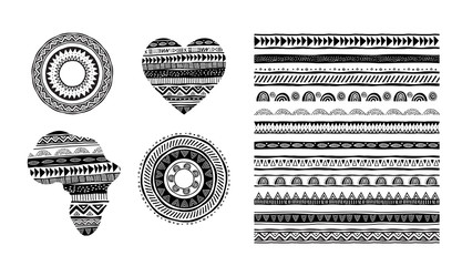 Brosses à motifs vectoriels africains, tribaux et ethniques. Éléments de design vectoriel, ornement géométrique tribal, cadres, bordures