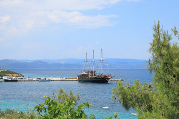 Cruise ship docked in the Aegean sea