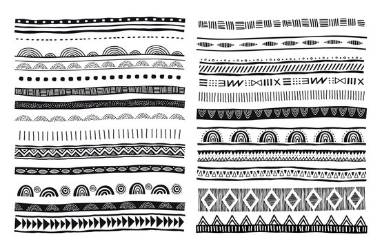 African, tribal, ethnic vector pattern brushes. Vector design elements, tribal geometric ornament, frames, borders