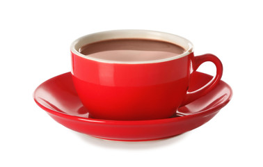 Cup of tasty cocoa drink on white background
