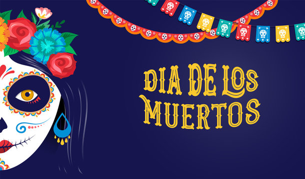 Dia de los muertos, Day of the dead, Mexican holiday, festival. Poster, banner and card with make up of sugar skull, woman and man