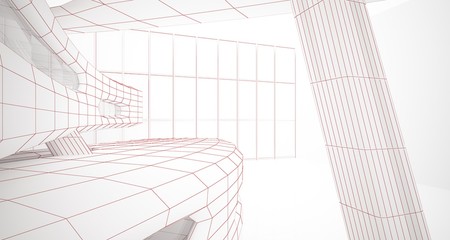 Abstract drawing white interior multilevel public space with window. 3D illustration and rendering.