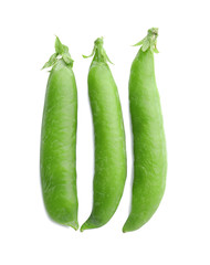 Fresh green pea pods on white background
