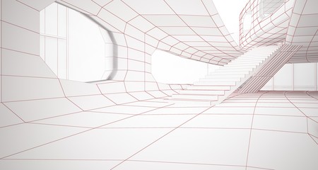 Abstract drawing white interior multilevel public space with window. 3D illustration and rendering.