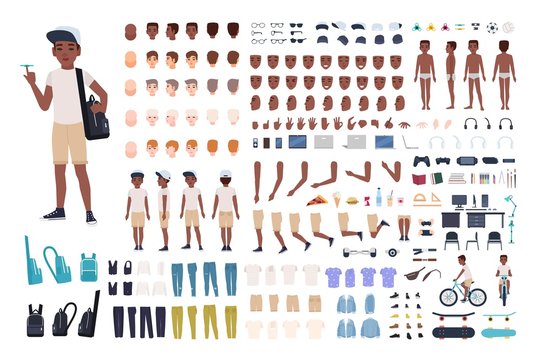 African American boy constructor or DIY kit. Collection of child or teen body parts, facial expressions, clothing isolated on white background. Colorful vector illustration in flat cartoon style.