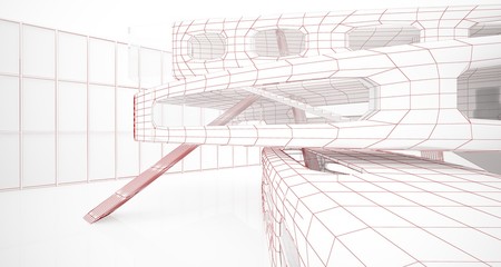 Abstract drawing white interior multilevel public space with window. 3D illustration and rendering.