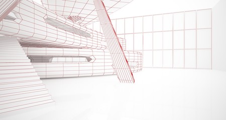 Abstract drawing white interior multilevel public space with window. 3D illustration and rendering.