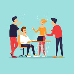 Teamwork, start-up, business, office life. Flat design vector illustration.