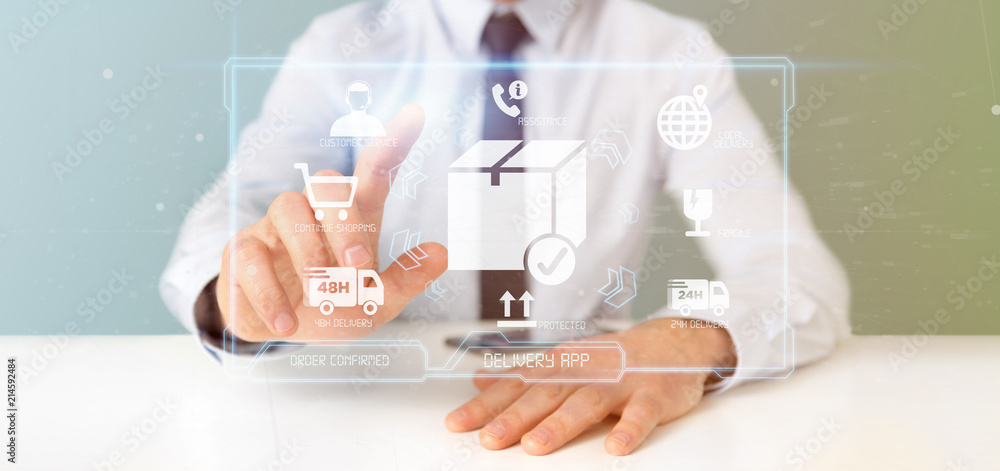 Poster businessman holding a logistic delivery application screen 3d rendering